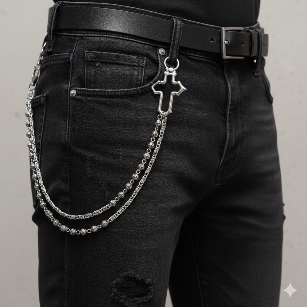 Silver chain belt with cross charm
